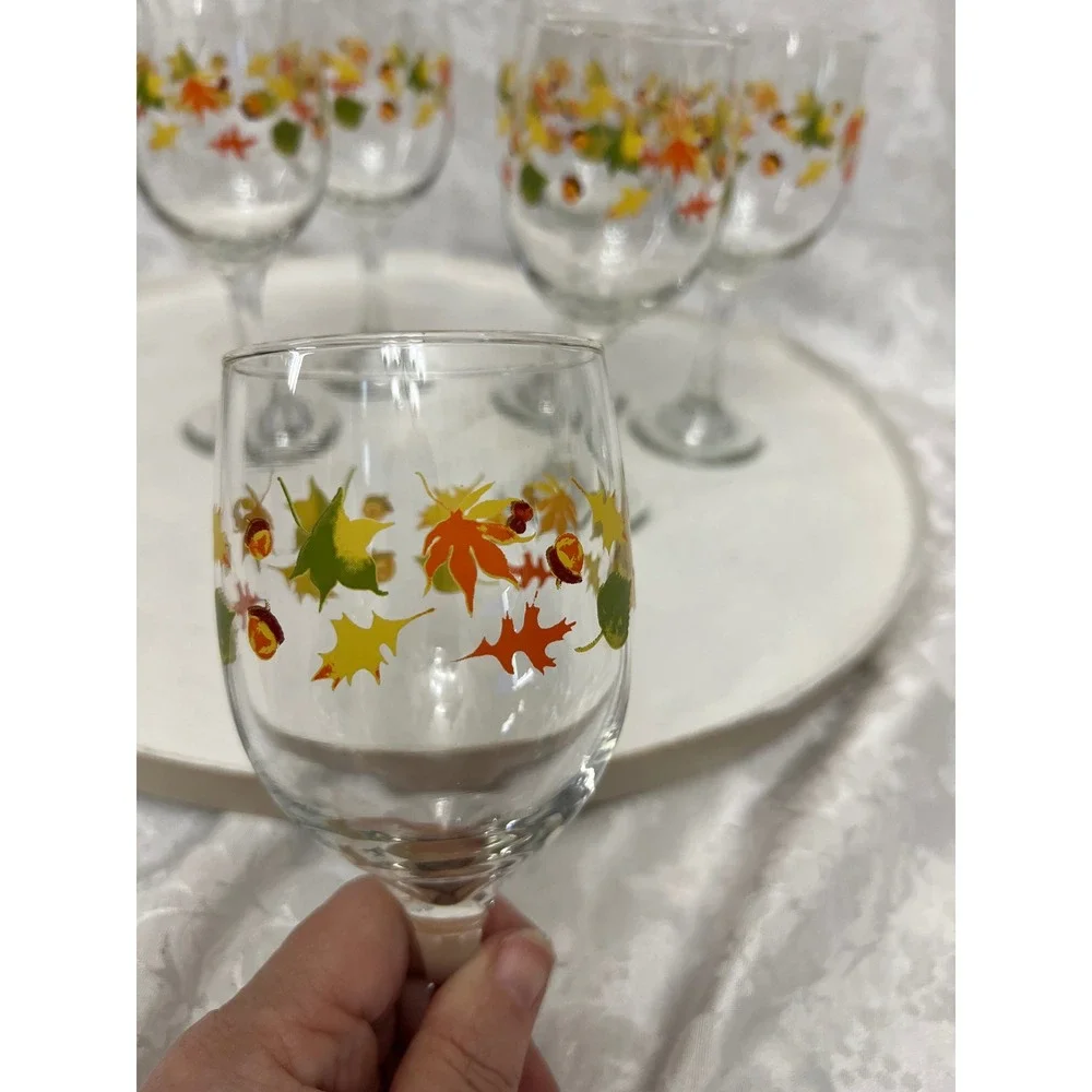 Set of 6 Fall Harvest Autumn Leaves and Acorns Stemmed Wine Glasses Thanksgiving